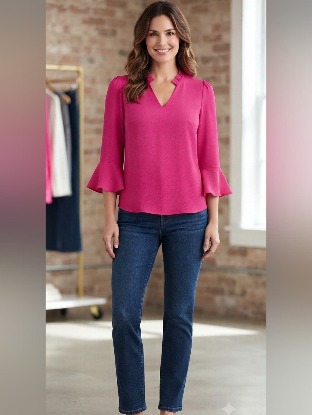 CeCe Hot Pink Ruffle Sleeve V-Neck Blouse
